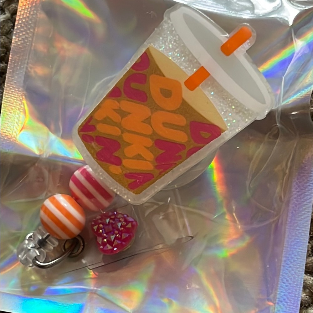 Dunkin badge reel with Orange and Pink Accents